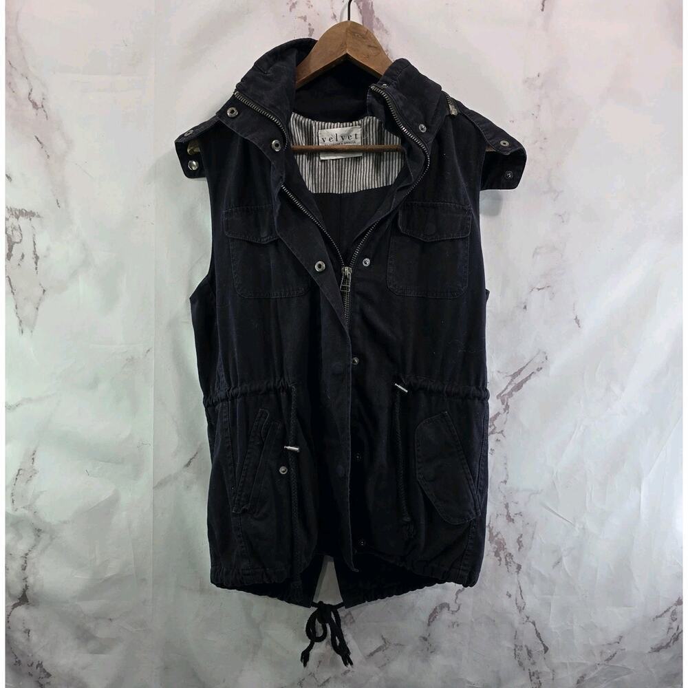 Velvet Graham Spencer Vest Womens Small Black Hooded Faux Fur Zip Odela Military